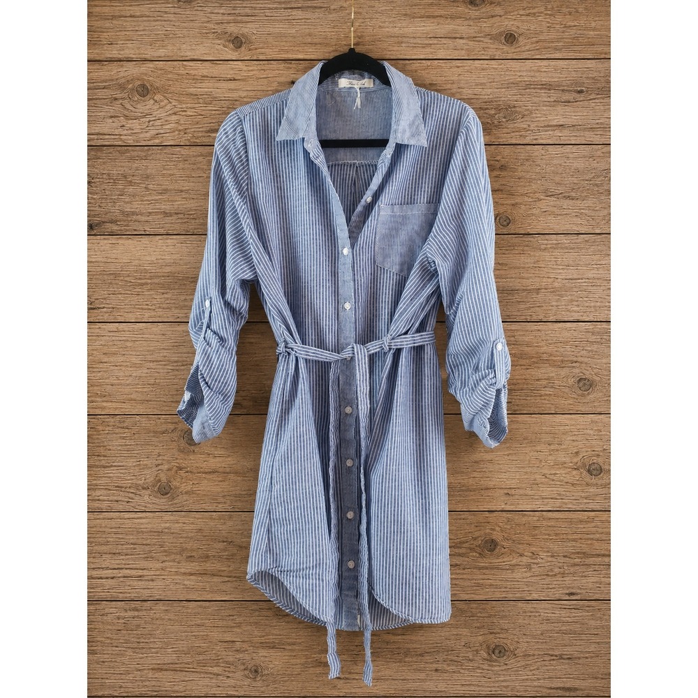 Coastal Beach Striped Shirt Dress Tie Waist Button Front Cotton Womens XL